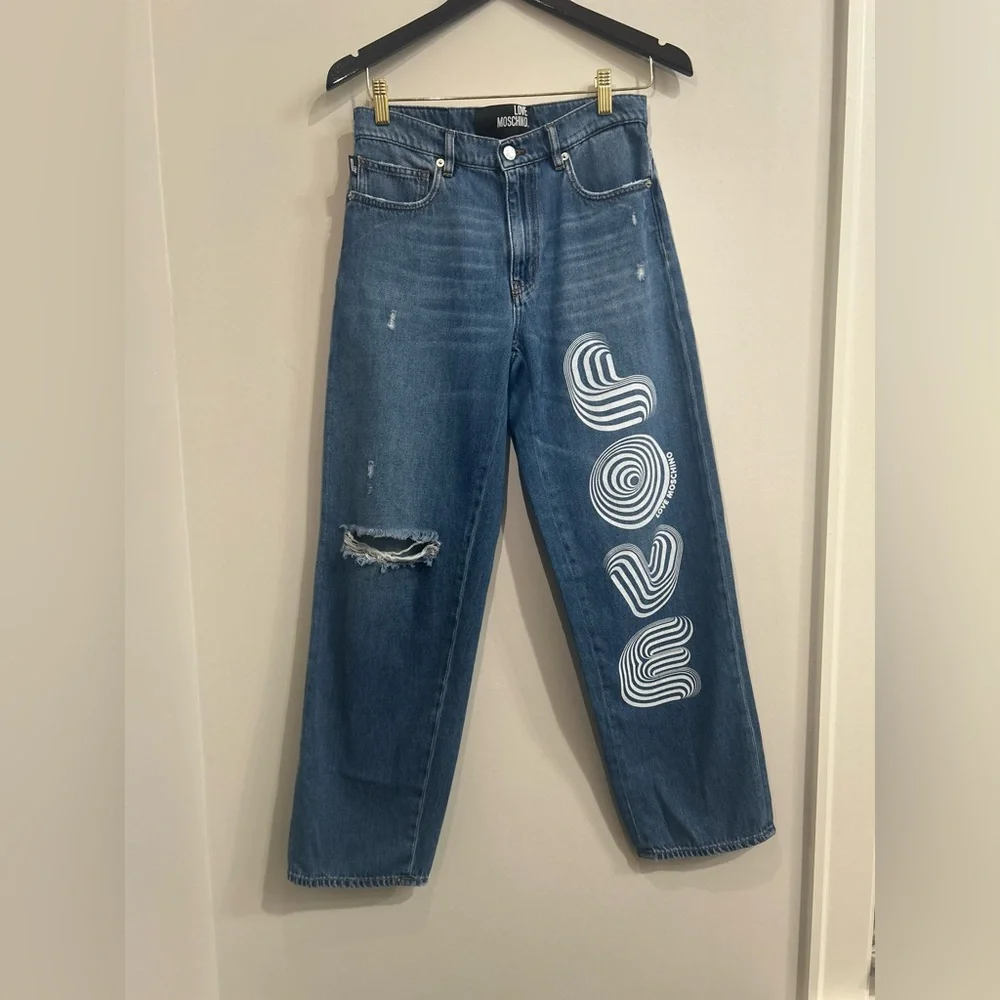 Moschino Blue Jeans with White 'Love' Graphic - Picture 2 of 6